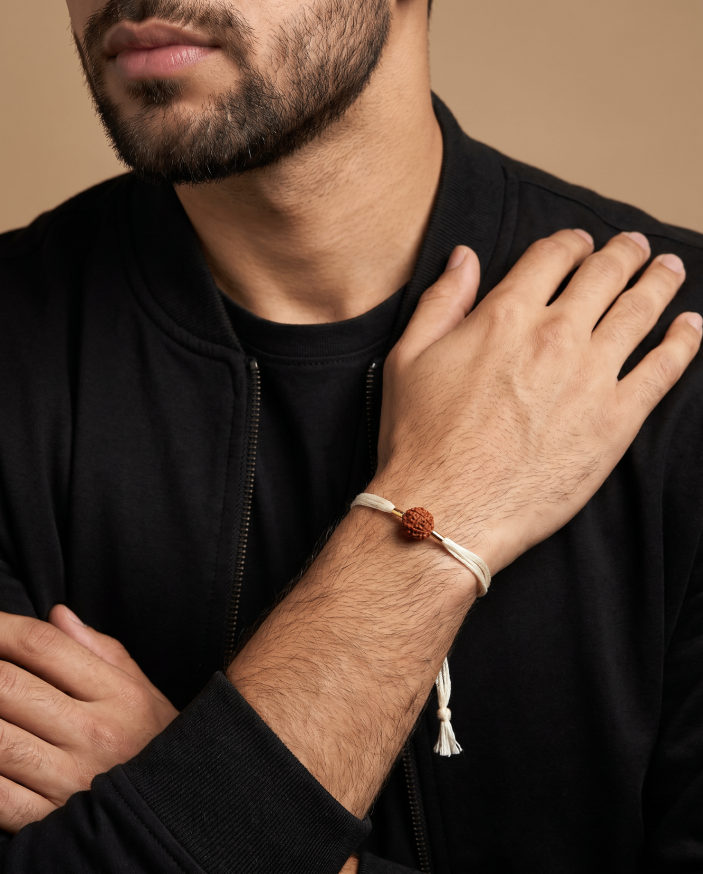 Men's portrait featuring a rudraksha bracelet styled with black layers