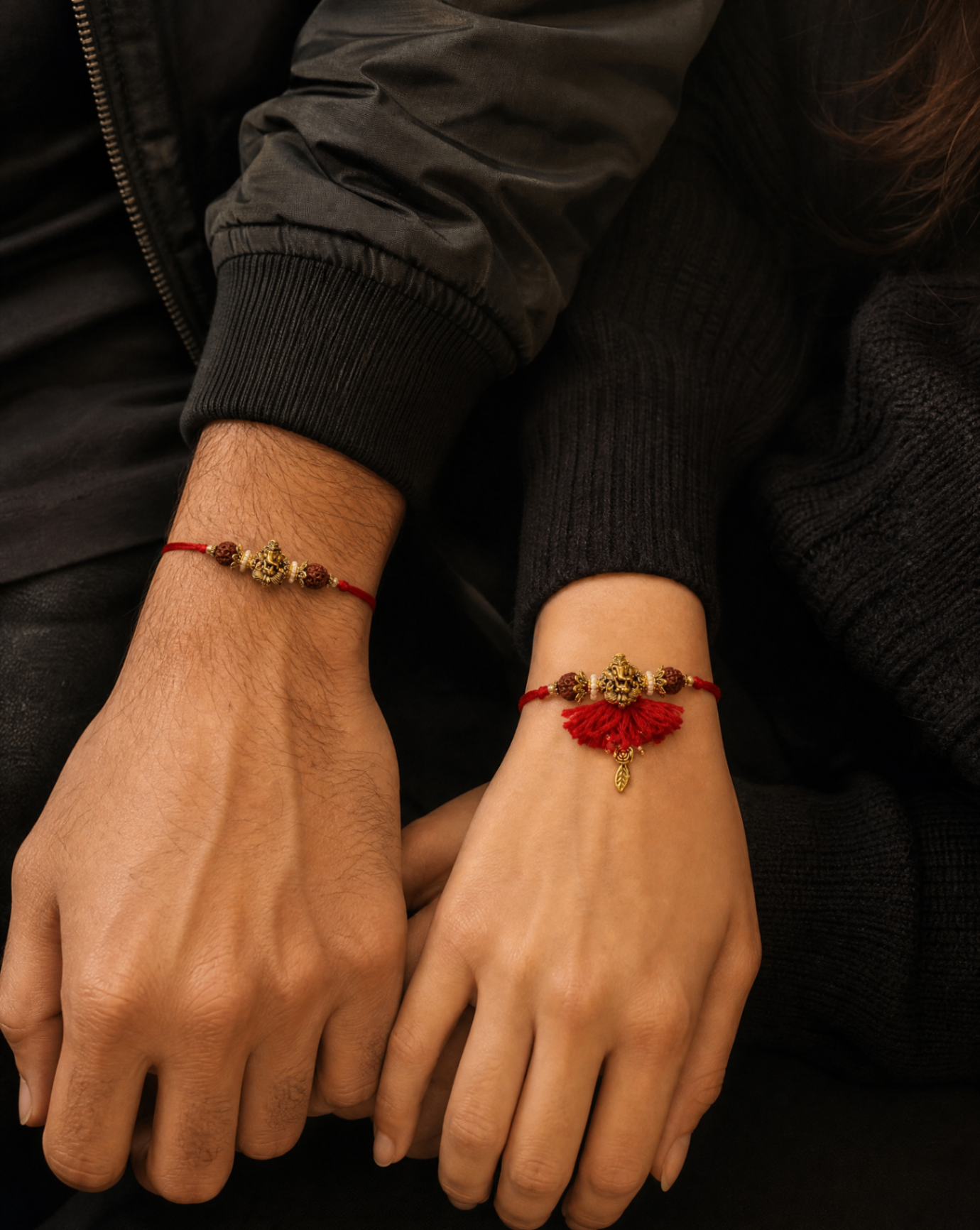 Matching rakhi and lumba worn by a couple in an editorial close-up