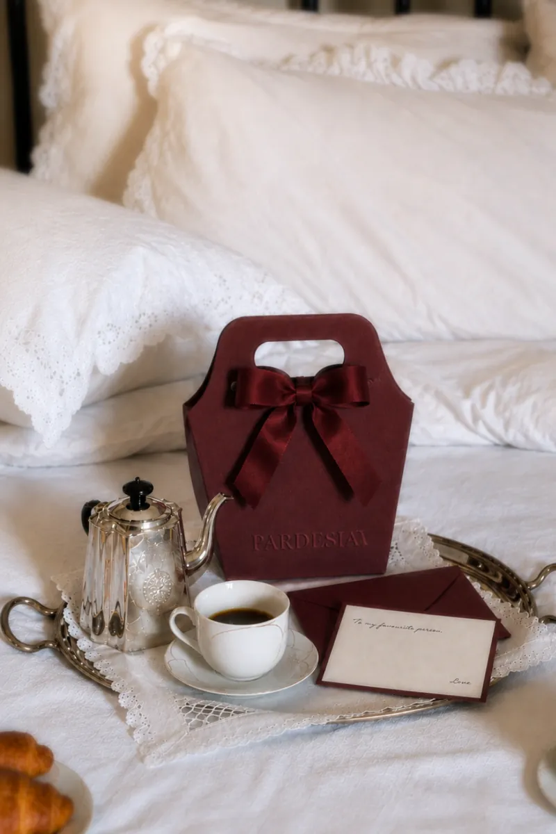 Burgundy Pardesia gift bag with satin bow and personalised note card on a breakfast tray