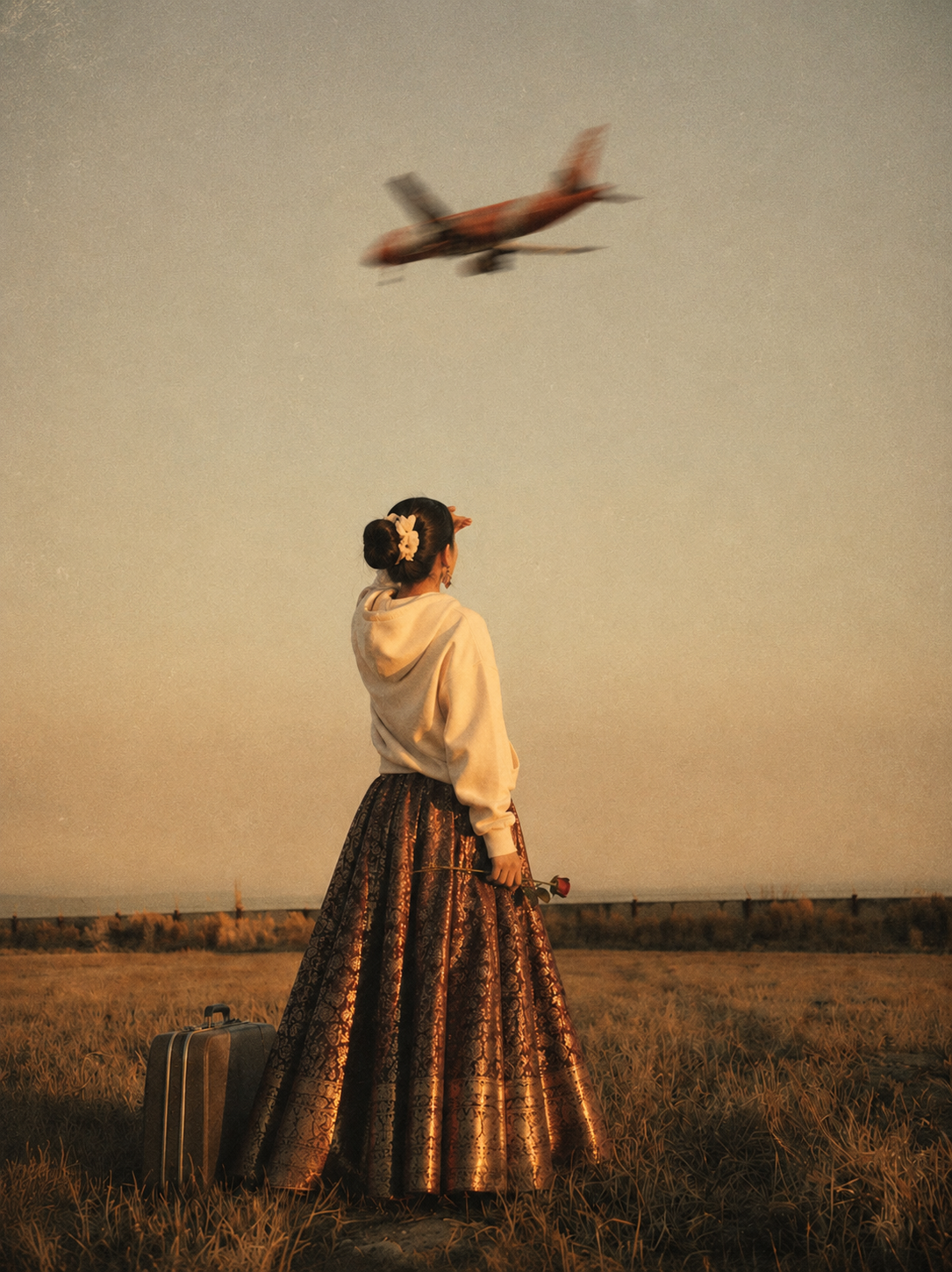 A young woman in a brocade lehenga holds a single rose, watching a plane lift off into a dusty pink sky — a suitcase at her feet.